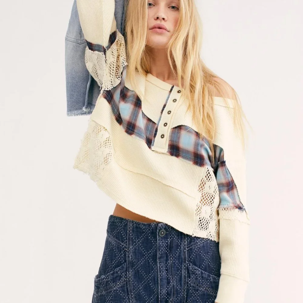 Free People We The Free Nina Tee Plaid Cream Top XS US ITEM